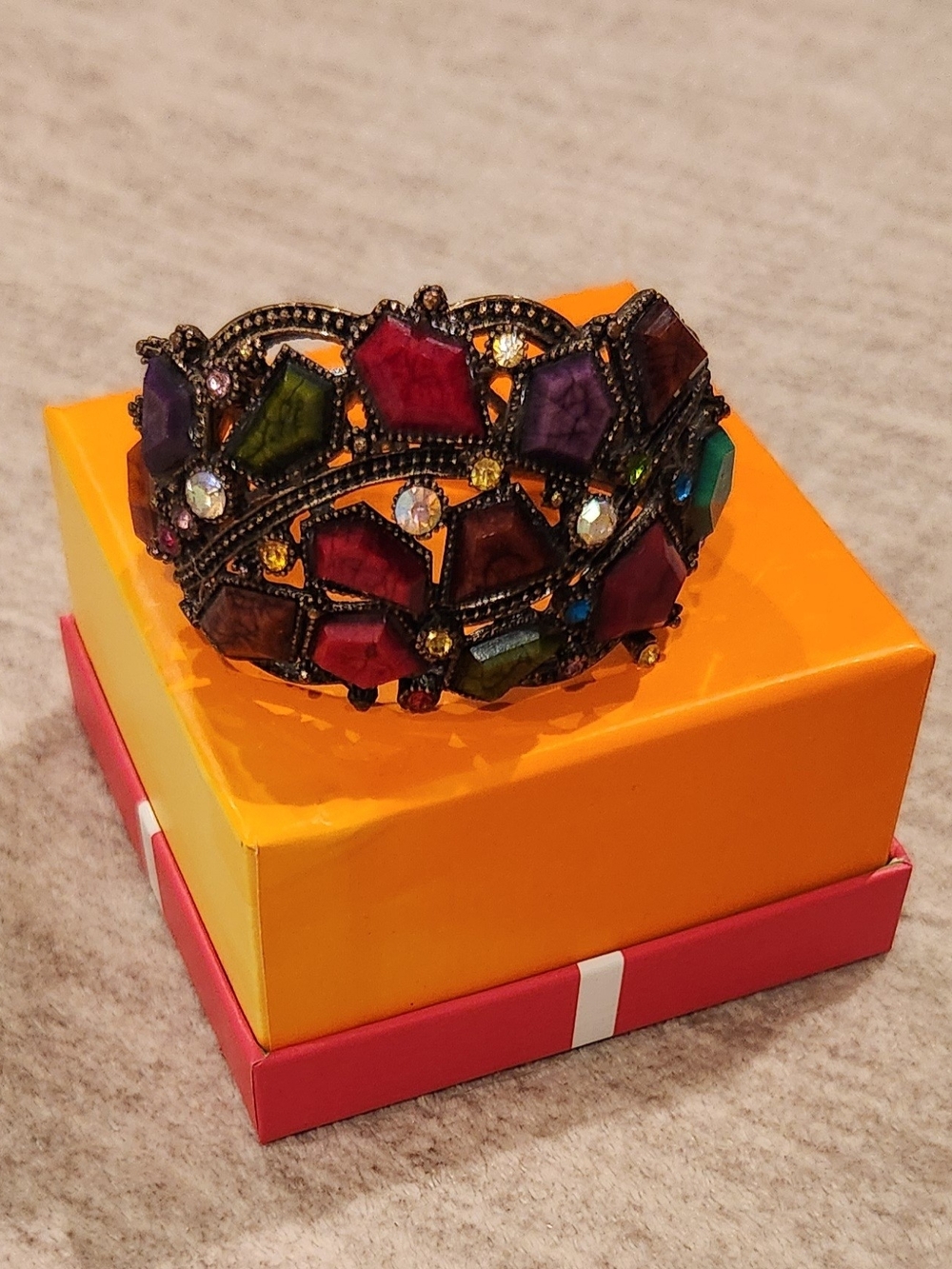 Boho Vintage Brass Filigree Cuff Bangle Multi Color Stone Rhinestone Bracelet
